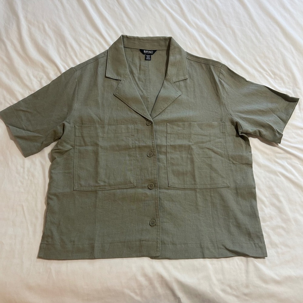 Buffalo David Bitton Womens Olive Green Linen Blend S/S Button Up Shirt Small
